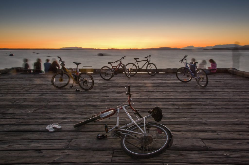 Bikes on the dock at sunset, Savary Island